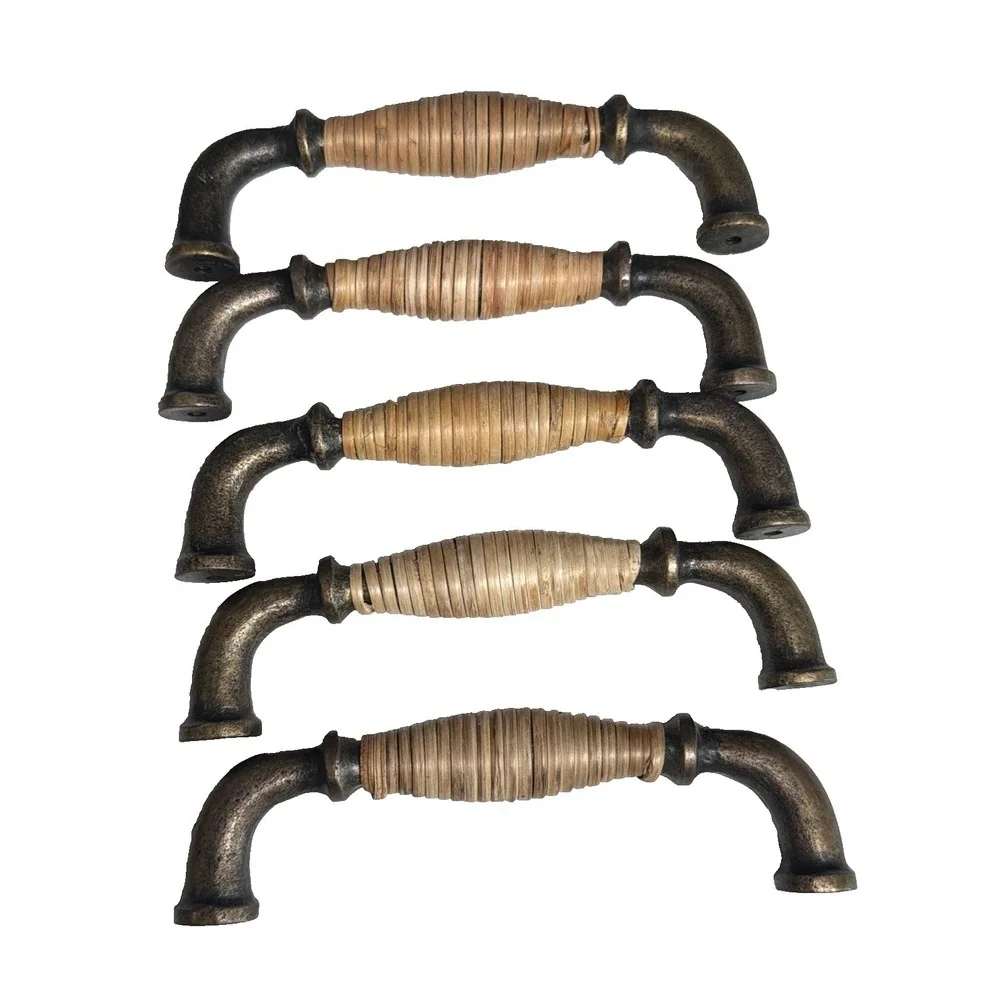 5 Brass Cabinet Drawer Pulls With Woven Rattan Handles 5.5